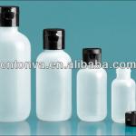small white plastic lotion bottle with black screw cap plastic bottle