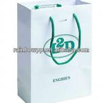 Recycled white paper bags with handles and green logo printing in custom order