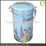 round hinged lid tea tin box