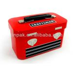 red rectangular metal lunch box