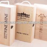 Pine wooden wine box for 2 bottle with hinged lid and rope handle