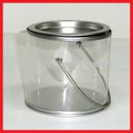 clear plastic candy bucket with tin lid and handle